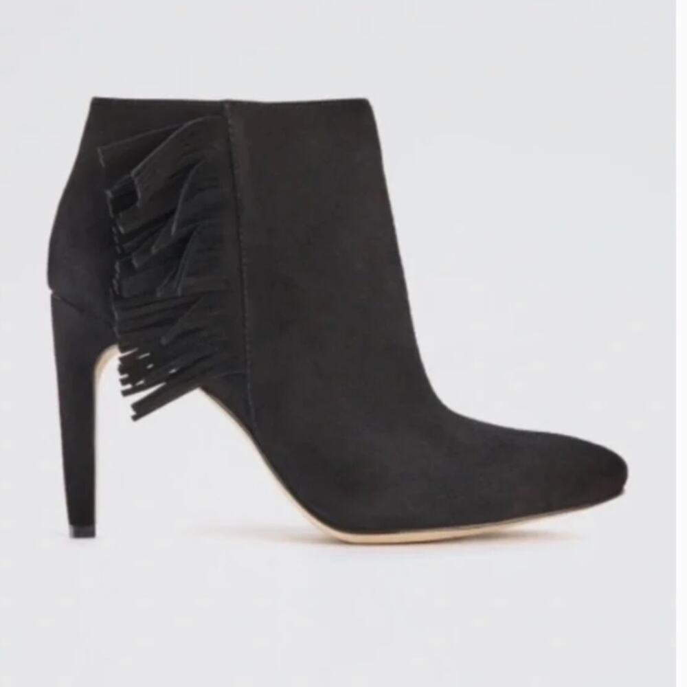 Ann Taylor Sonya black suede fringe zip heel boot western modern cowgirl sz 9